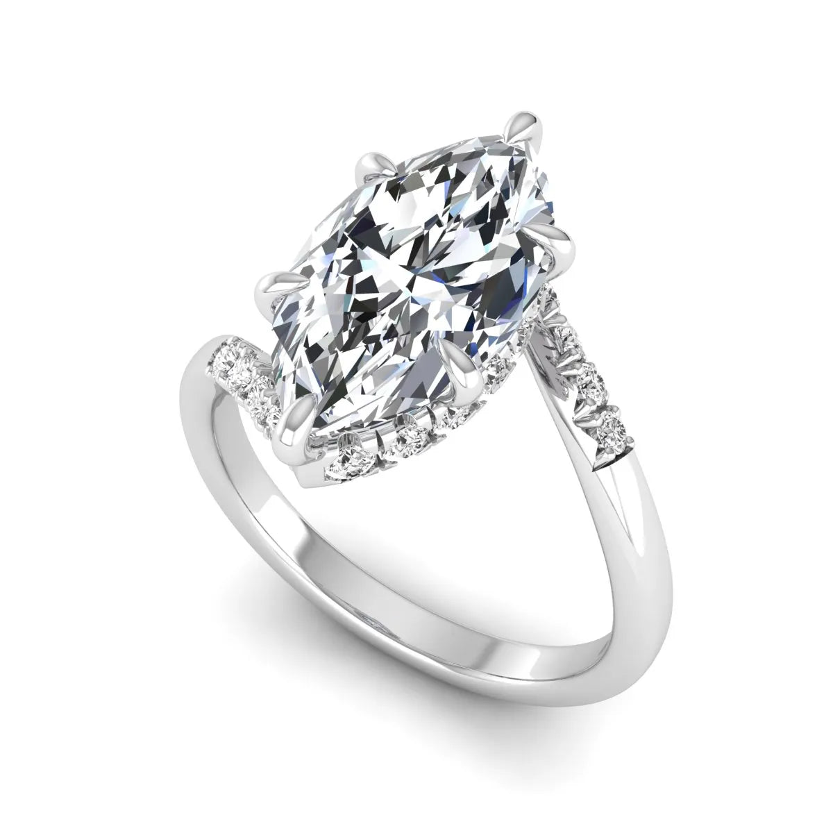 Marquise cut lab grown diamond engagement ring featuring a hidden halo, bypass shank, prong setting, and round accent diamonds in a white gold tone design.