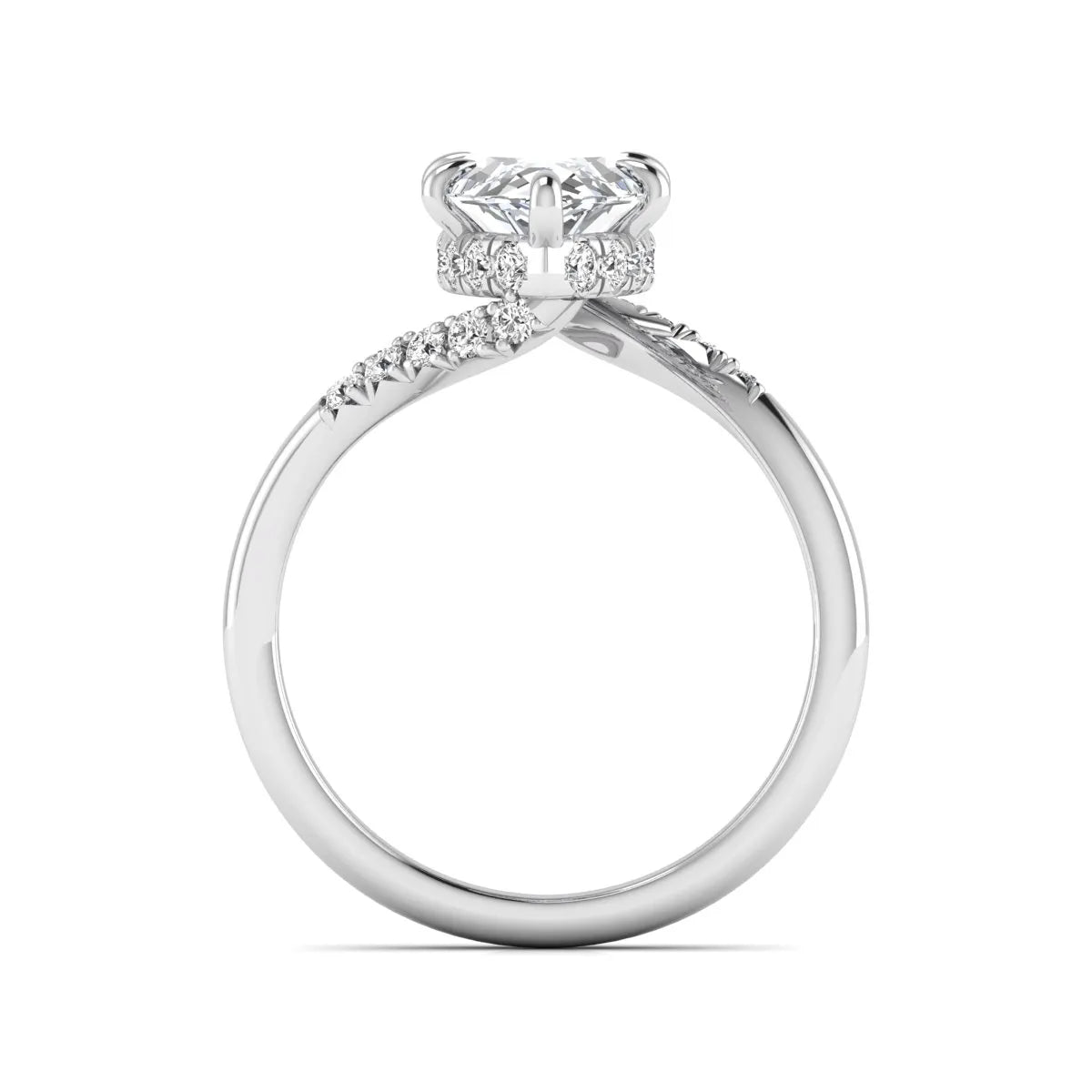 Marquise cut lab grown diamond engagement ring featuring a hidden halo, bypass shank, prong setting, and round accent diamonds in a white gold tone design.
