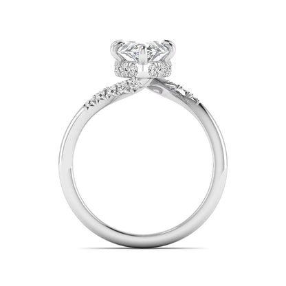 Marquise cut lab grown diamond engagement ring featuring a hidden halo, bypass shank, prong setting, and round accent diamonds in a white gold tone design.