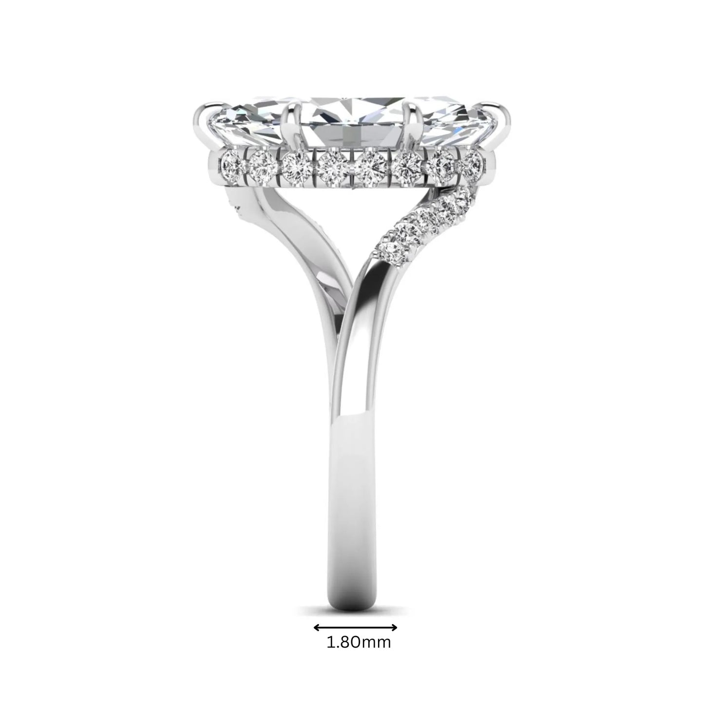 Marquise cut lab grown diamond engagement ring featuring a hidden halo, bypass shank, prong setting, and round accent diamonds in a white gold tone design.