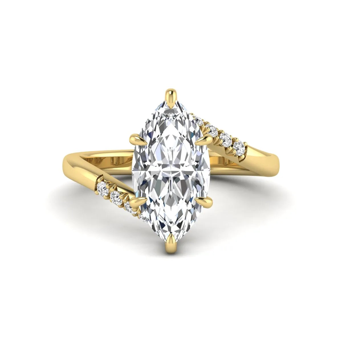 Marquise cut lab grown diamond engagement ring featuring a hidden halo, bypass shank, prong setting, and round accent diamonds in a yellow gold tone design.