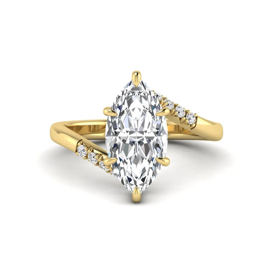 Marquise cut lab grown diamond engagement ring featuring a hidden halo, bypass shank, prong setting, and round accent diamonds in a yellow gold tone design.