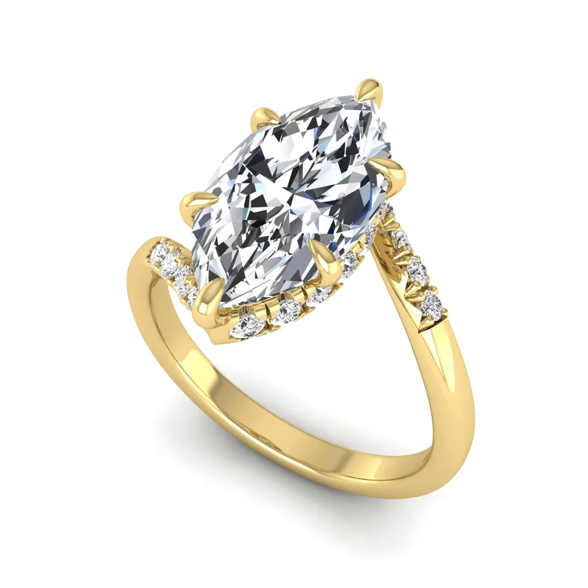 Marquise cut lab grown diamond engagement ring featuring a hidden halo, bypass shank, prong setting, and round accent diamonds in a yellow gold tone design.