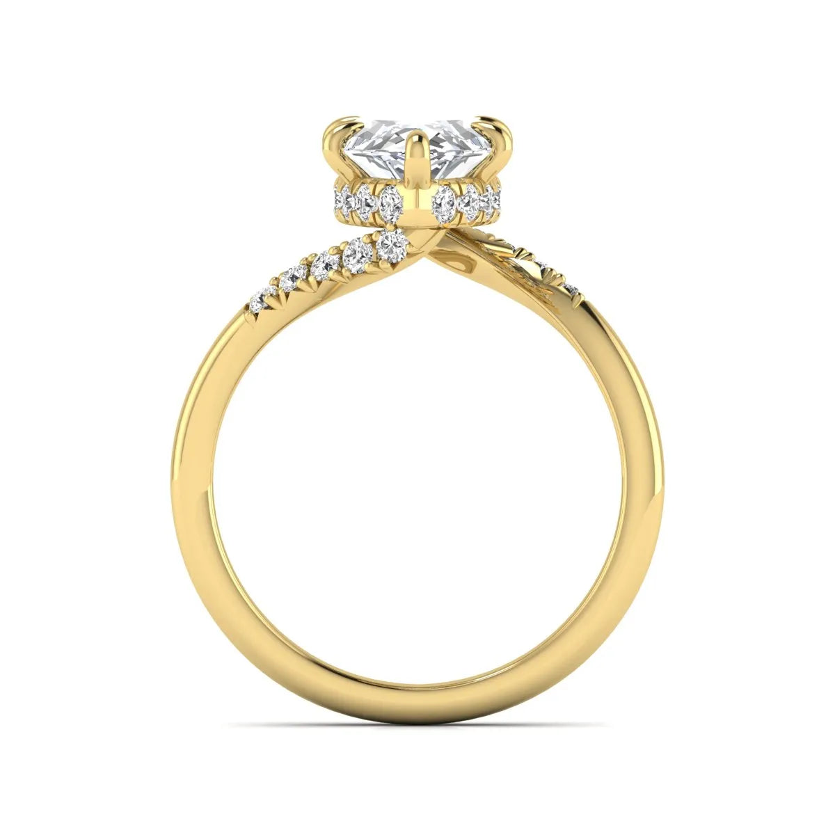 Marquise cut lab grown diamond engagement ring featuring a hidden halo, bypass shank, prong setting, and round accent diamonds in a yellow gold tone design.