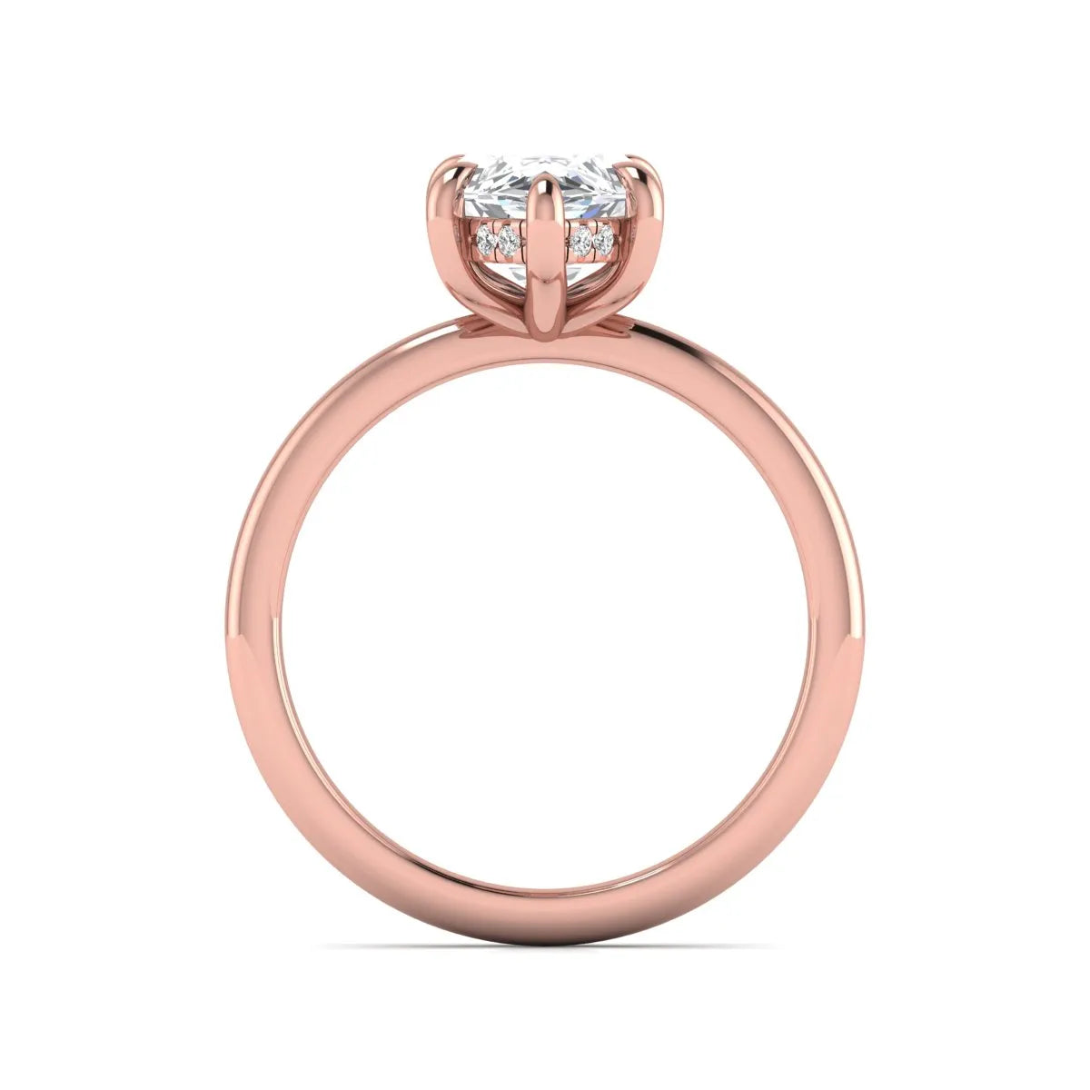 Marquise cut lab grown diamond solitaire engagement ring featuring a hidden halo, six-prong setting, and polished rose gold tone band.