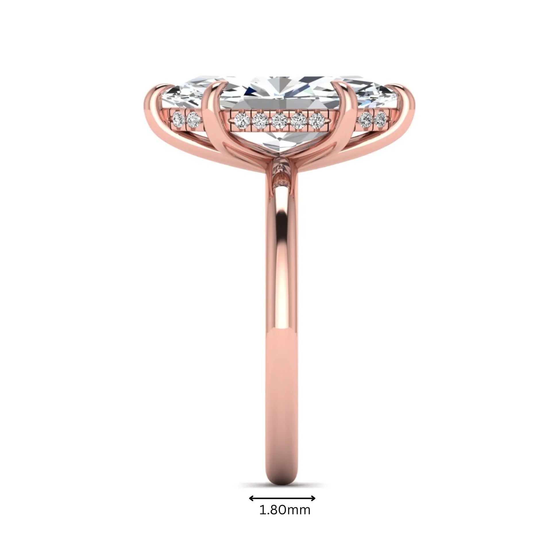 Marquise cut lab grown diamond solitaire engagement ring featuring a hidden halo, six-prong setting, and polished rose gold tone band.