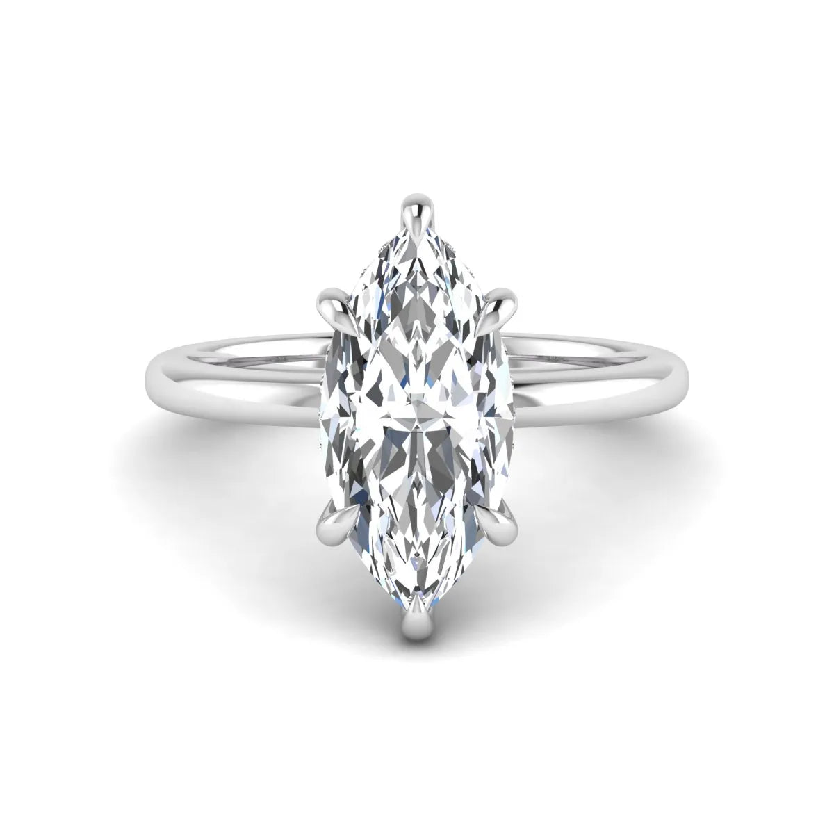 Marquise cut lab grown diamond solitaire engagement ring featuring a hidden halo, six-prong setting, and polished white gold tone band.