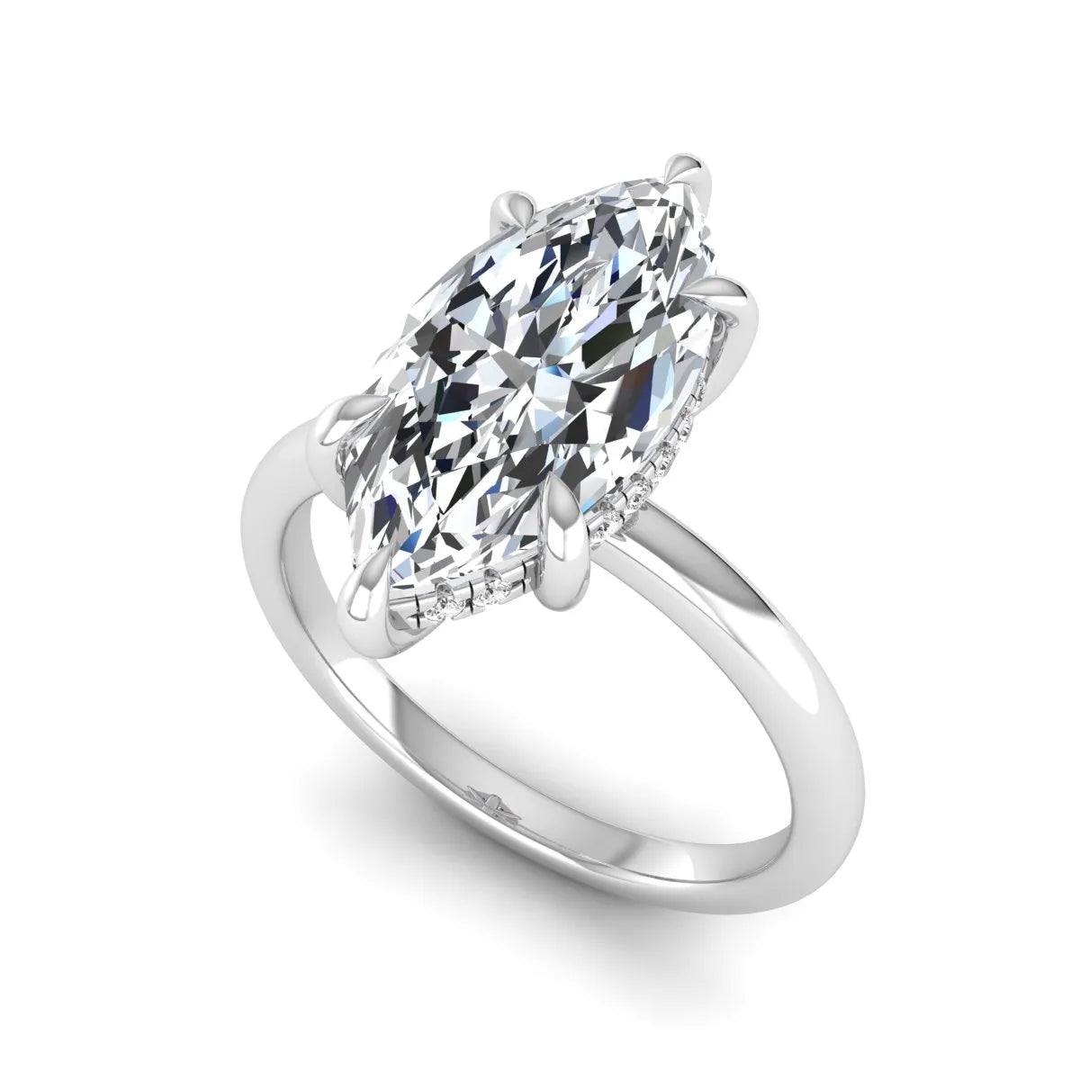 Marquise cut lab grown diamond solitaire engagement ring featuring a hidden halo, six-prong setting, and polished white gold tone band.