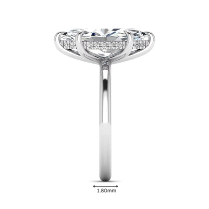 Marquise cut lab grown diamond solitaire engagement ring featuring a hidden halo, six-prong setting, and polished white gold tone band.