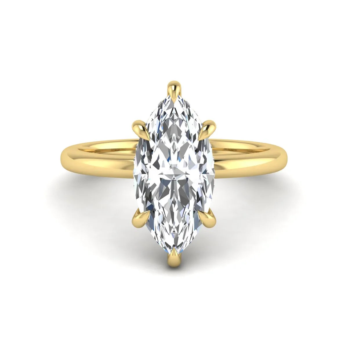 Marquise cut lab grown diamond solitaire engagement ring featuring a hidden halo, six-prong setting, and polished yellow gold tone band.