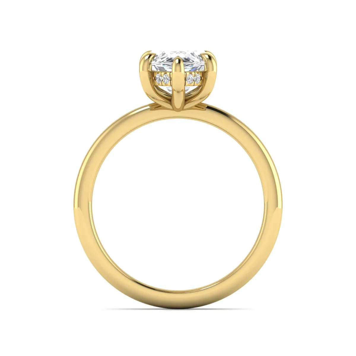 Marquise cut lab grown diamond solitaire engagement ring featuring a hidden halo, six-prong setting, and polished yellow gold tone band.