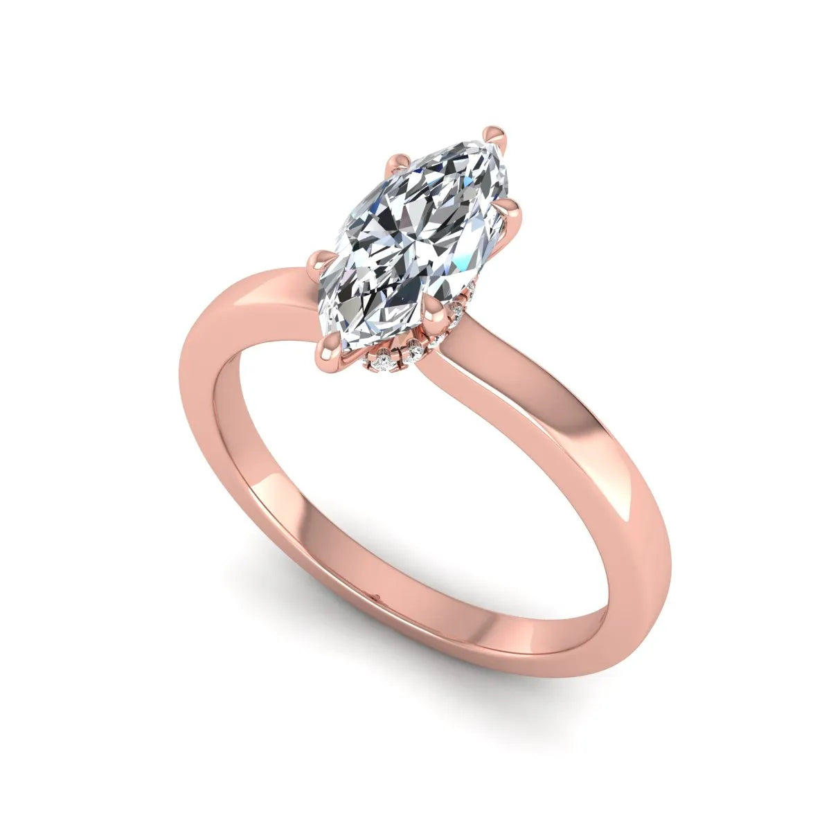IGI Certified 1.10 carat marquise cut lab grown diamond solitaire engagement ring with hidden halo in rose gold.