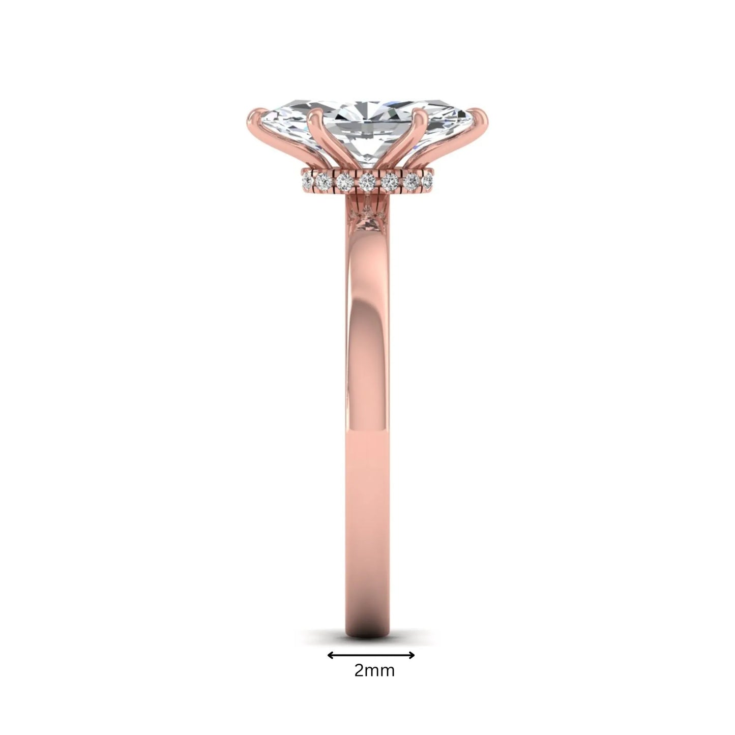 IGI Certified 1.10 carat marquise cut lab grown diamond solitaire engagement ring with hidden halo in rose gold.
