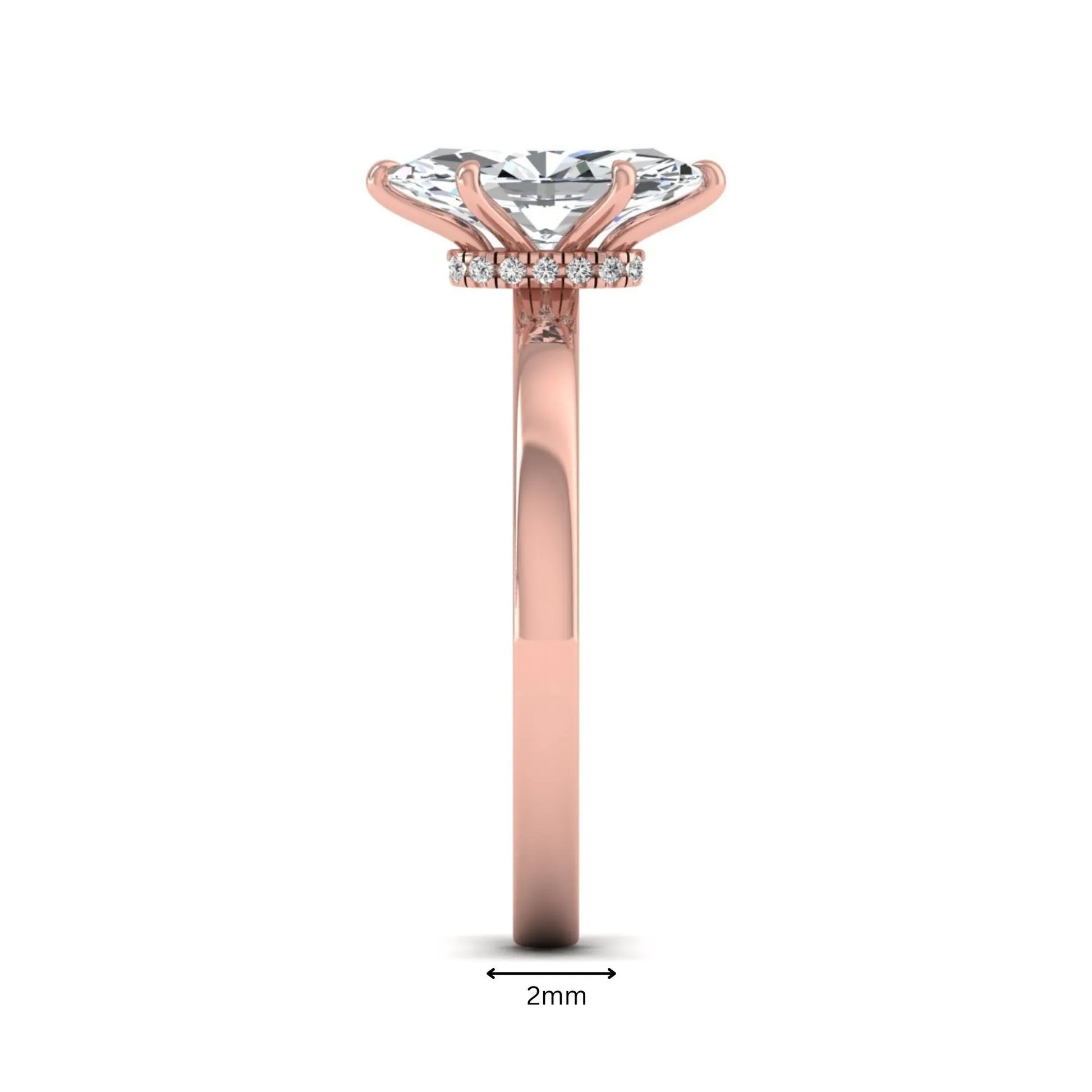 IGI Certified 1.10 carat marquise cut lab grown diamond solitaire engagement ring with hidden halo in rose gold.