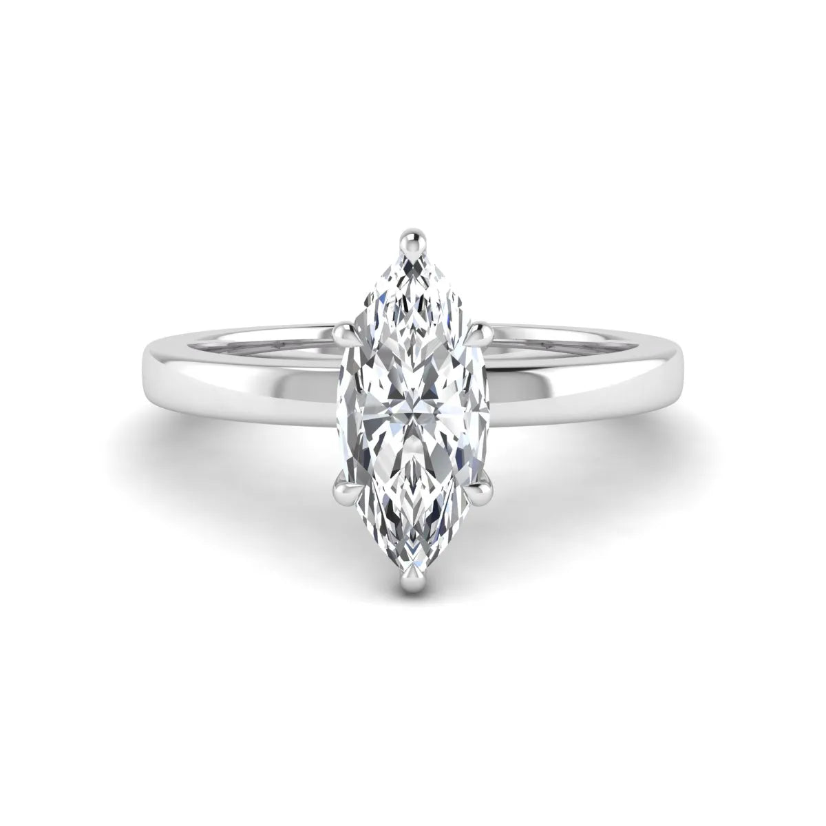 IGI Certified 1.10 carat marquise cut lab grown diamond solitaire engagement ring with hidden halo in white gold.