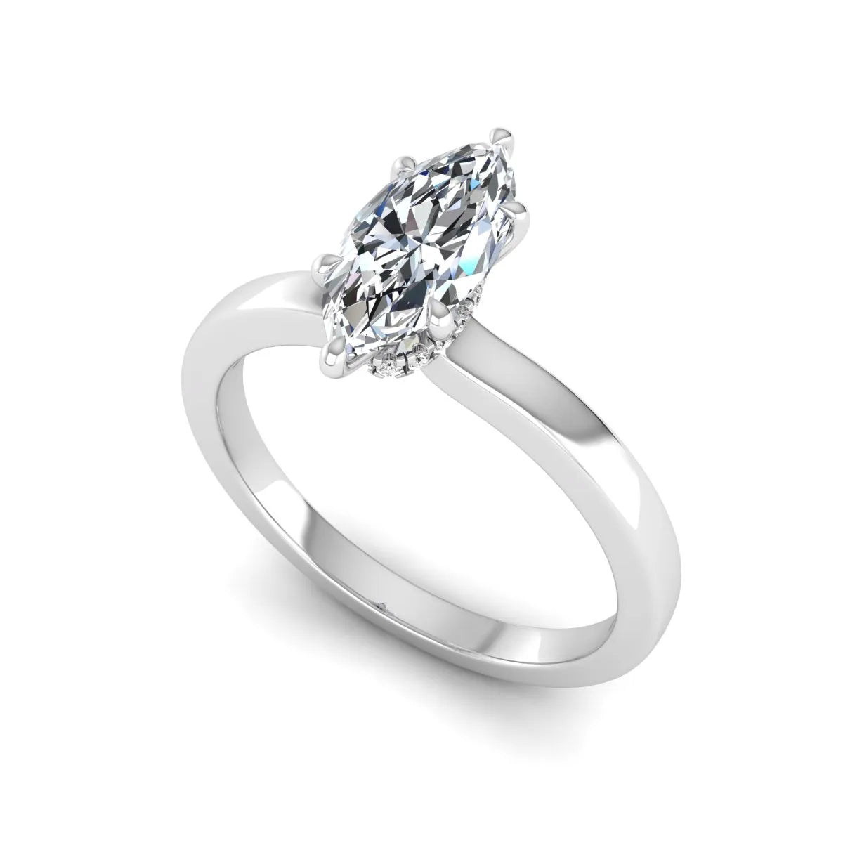 IGI Certified 1.10 carat marquise cut lab grown diamond solitaire engagement ring with hidden halo in white gold.