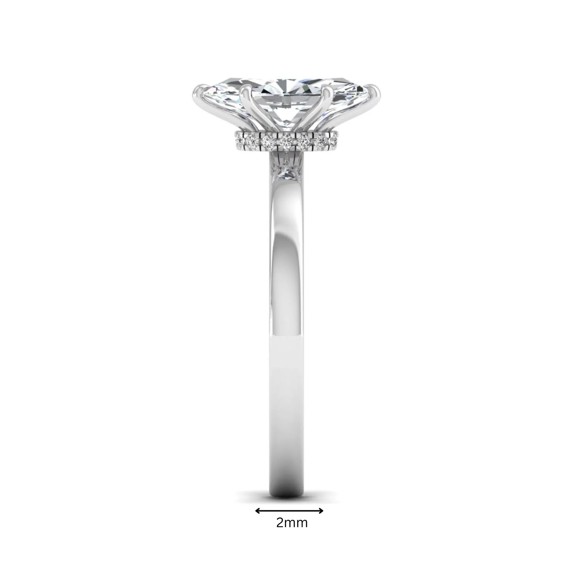 IGI Certified 1.10 carat marquise cut lab grown diamond solitaire engagement ring with hidden halo in white gold.