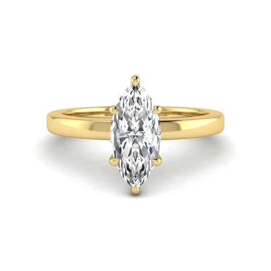 IGI Certified 1.10 carat marquise cut lab grown diamond solitaire engagement ring with hidden halo in yellow gold.