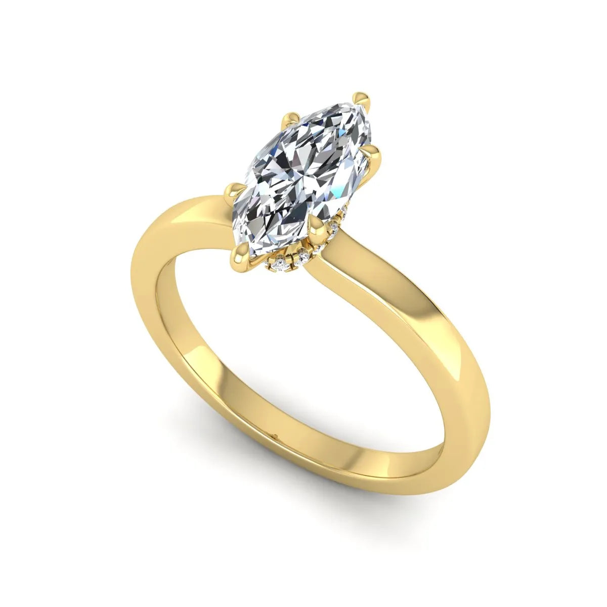 IGI Certified 1.10 carat marquise cut lab grown diamond solitaire engagement ring with hidden halo in yellow gold.