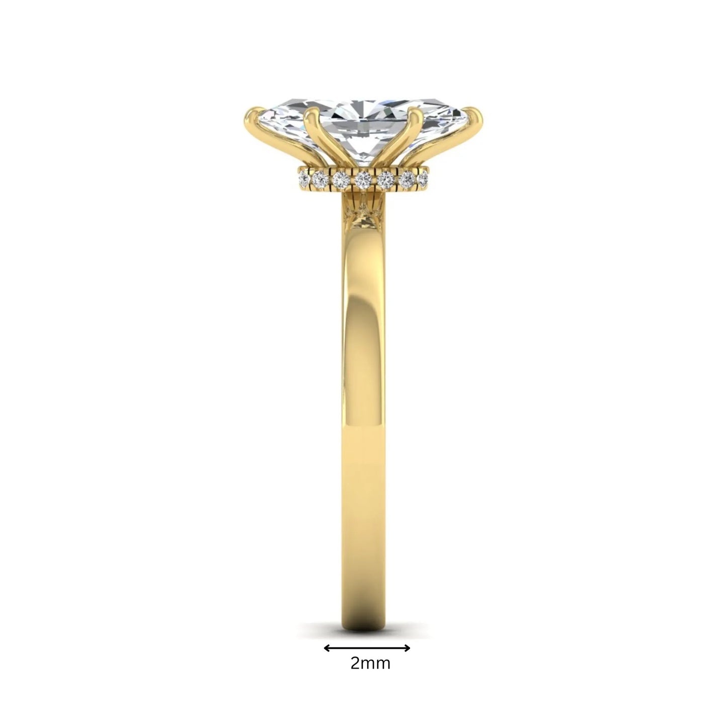 IGI Certified 1.10 carat marquise cut lab grown diamond solitaire engagement ring with hidden halo in yellow gold.