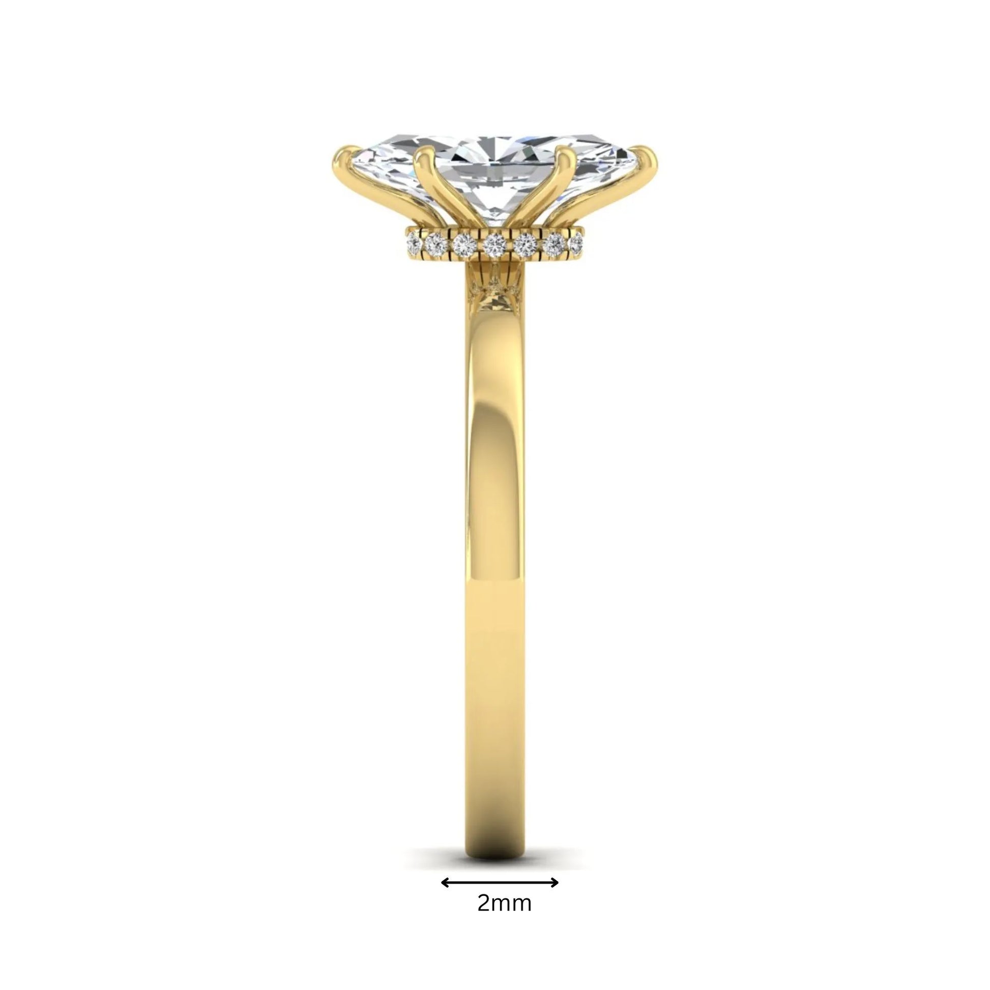 IGI Certified 1.10 carat marquise cut lab grown diamond solitaire engagement ring with hidden halo in yellow gold.