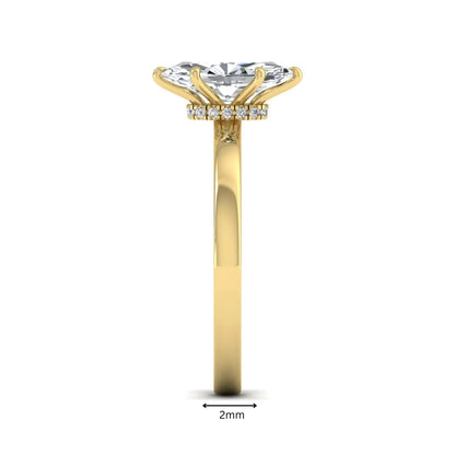 IGI Certified 1.10 carat marquise cut lab grown diamond solitaire engagement ring with hidden halo in yellow gold.