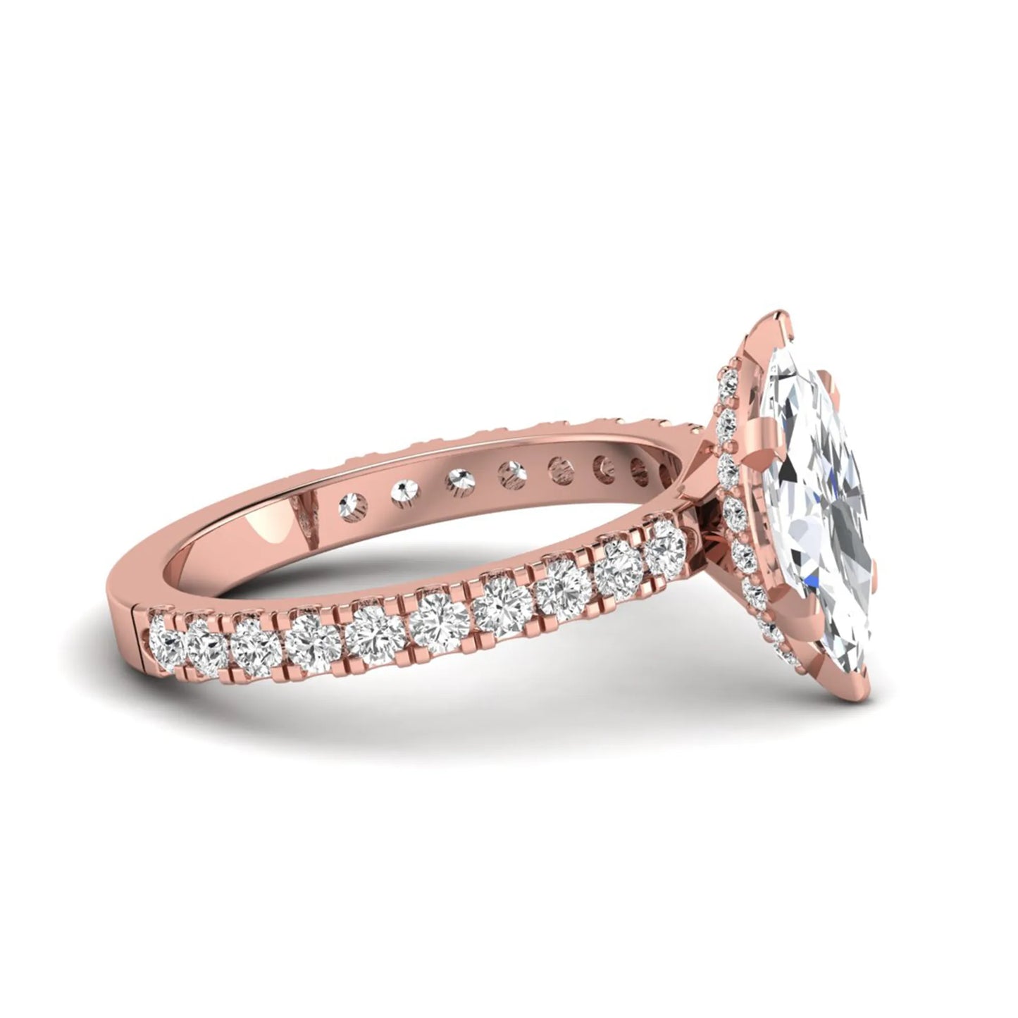 Marquise Hidden Halo Pavé Lab Grown Diamond Engagement Ring featuring a 12.00 × 6.00 mm marquise-cut center diamond with a hidden halo, pavé diamond band, and four-prong setting in rose gold