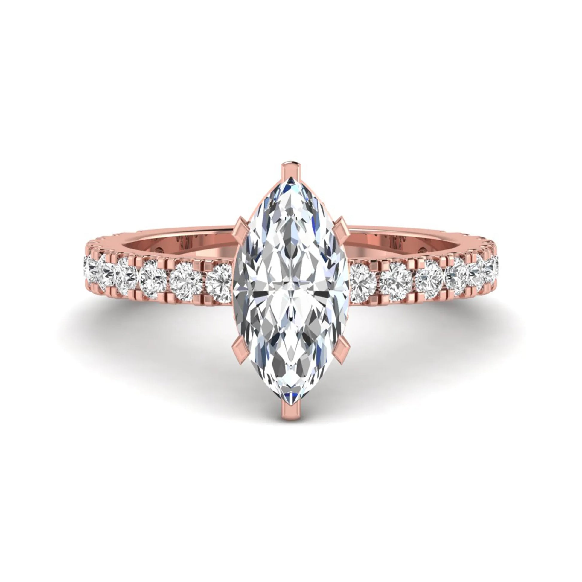 Marquise Hidden Halo Pavé Lab Grown Diamond Engagement Ring featuring a 12.00 × 6.00 mm marquise-cut center diamond with a hidden halo, pavé diamond band, and four-prong setting in rose gold