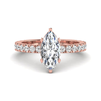 Marquise Hidden Halo Pavé Lab Grown Diamond Engagement Ring featuring a 12.00 × 6.00 mm marquise-cut center diamond with a hidden halo, pavé diamond band, and four-prong setting in rose gold
