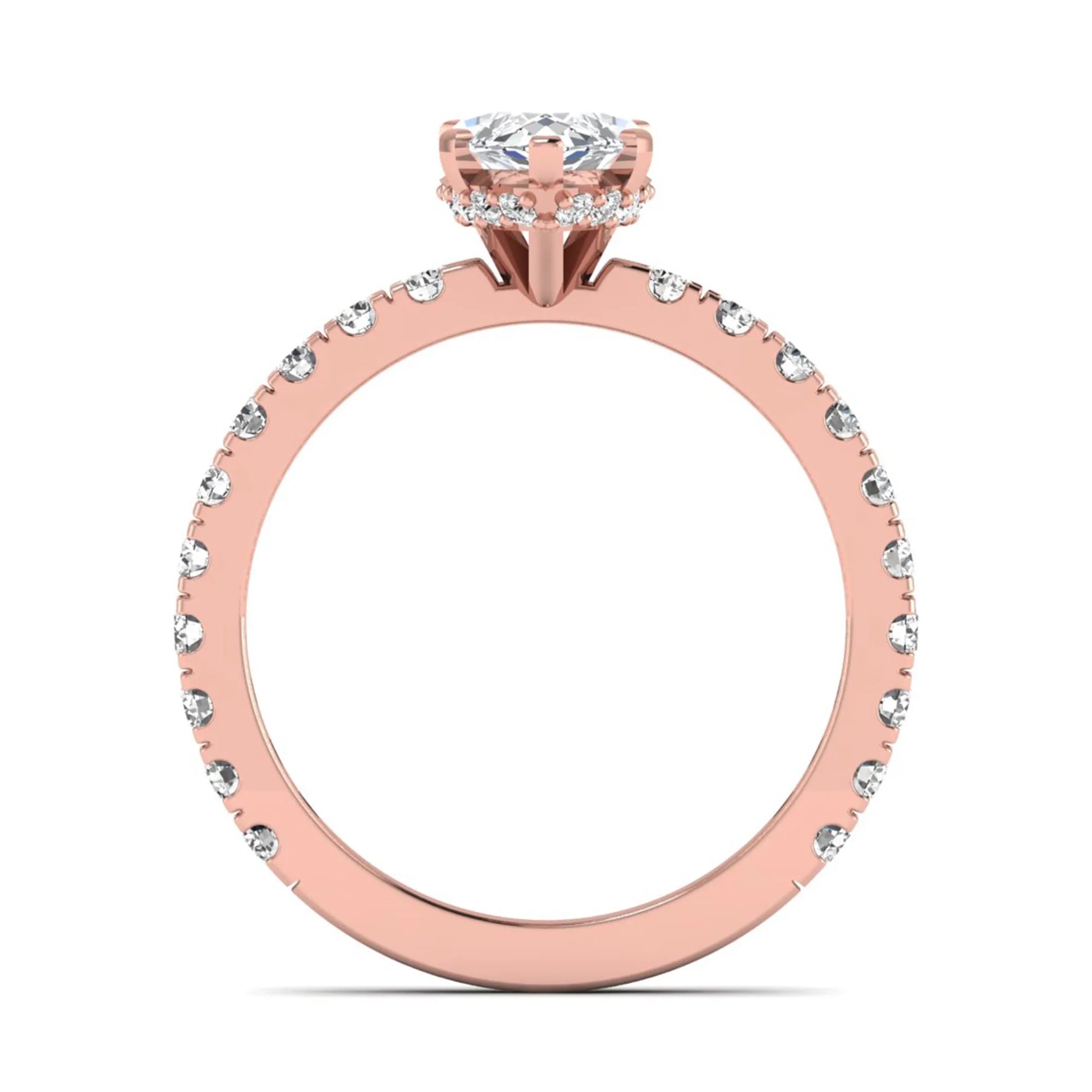 Marquise Hidden Halo Pavé Lab Grown Diamond Engagement Ring featuring a 12.00 × 6.00 mm marquise-cut center diamond with a hidden halo, pavé diamond band, and four-prong setting in rose gold