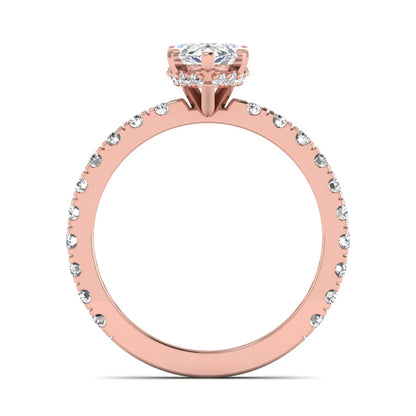 Marquise Hidden Halo Pavé Lab Grown Diamond Engagement Ring featuring a 12.00 × 6.00 mm marquise-cut center diamond with a hidden halo, pavé diamond band, and four-prong setting in rose gold