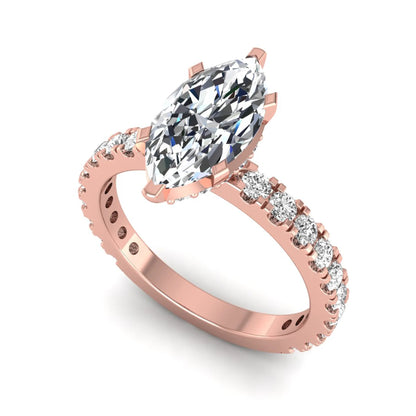 Marquise Hidden Halo Pavé Lab Grown Diamond Engagement Ring featuring a 12.00 × 6.00 mm marquise-cut center diamond with a hidden halo, pavé diamond band, and four-prong setting in rose gold