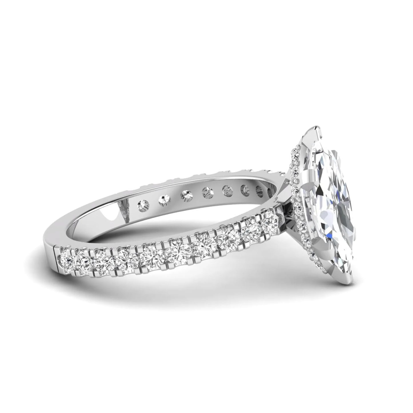Marquise Hidden Halo Pavé Lab Grown Diamond Engagement Ring featuring a 12.00 × 6.00 mm marquise-cut center diamond with a hidden halo, pavé diamond band, and four-prong setting in white gold