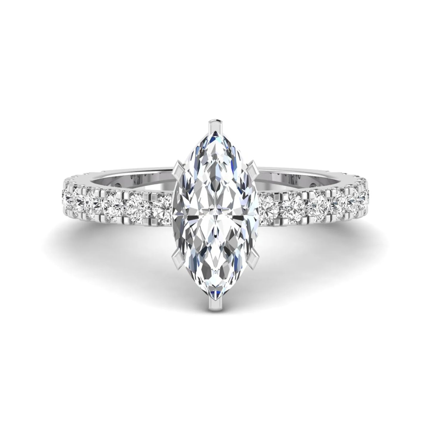 Marquise Hidden Halo Pavé Lab Grown Diamond Engagement Ring featuring a 12.00 × 6.00 mm marquise-cut center diamond with a hidden halo, pavé diamond band, and four-prong setting in white gold