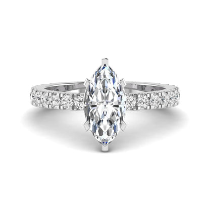Marquise Hidden Halo Pavé Lab Grown Diamond Engagement Ring featuring a 12.00 × 6.00 mm marquise-cut center diamond with a hidden halo, pavé diamond band, and four-prong setting in white gold