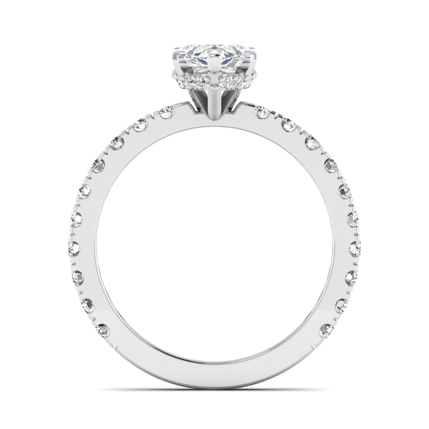 Marquise Hidden Halo Pavé Lab Grown Diamond Engagement Ring featuring a 12.00 × 6.00 mm marquise-cut center diamond with a hidden halo, pavé diamond band, and four-prong setting in white gold