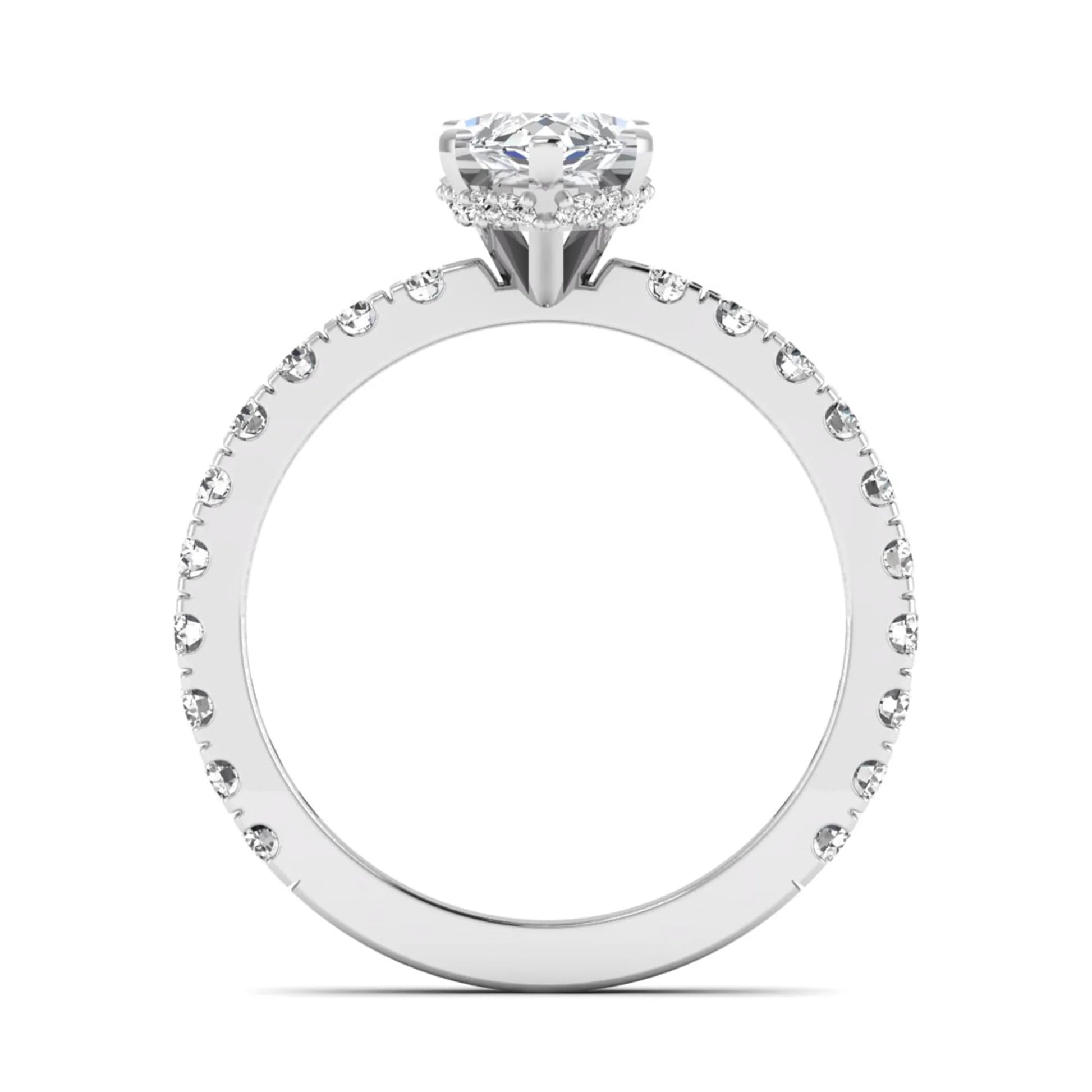 Marquise Hidden Halo Pavé Lab Grown Diamond Engagement Ring featuring a 12.00 × 6.00 mm marquise-cut center diamond with a hidden halo, pavé diamond band, and four-prong setting in white gold