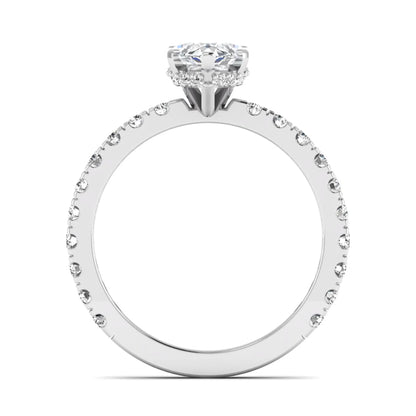 Marquise Hidden Halo Pavé Lab Grown Diamond Engagement Ring featuring a 12.00 × 6.00 mm marquise-cut center diamond with a hidden halo, pavé diamond band, and four-prong setting in white gold