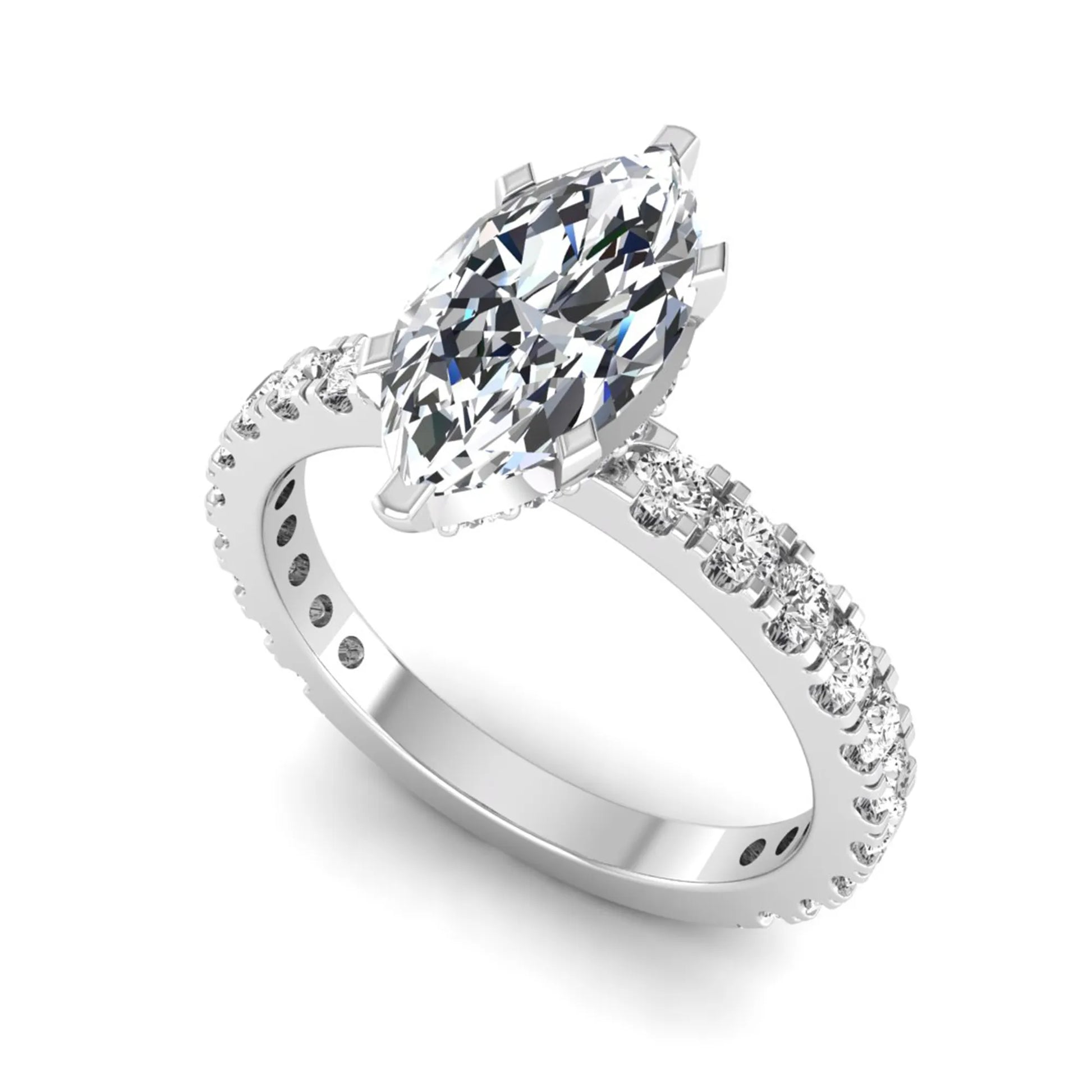 Marquise Hidden Halo Pavé Lab Grown Diamond Engagement Ring featuring a 12.00 × 6.00 mm marquise-cut center diamond with a hidden halo, pavé diamond band, and four-prong setting in white gold