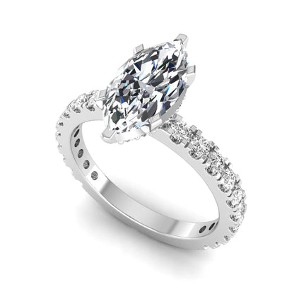 Marquise Hidden Halo Pavé Lab Grown Diamond Engagement Ring featuring a 12.00 × 6.00 mm marquise-cut center diamond with a hidden halo, pavé diamond band, and four-prong setting in white gold