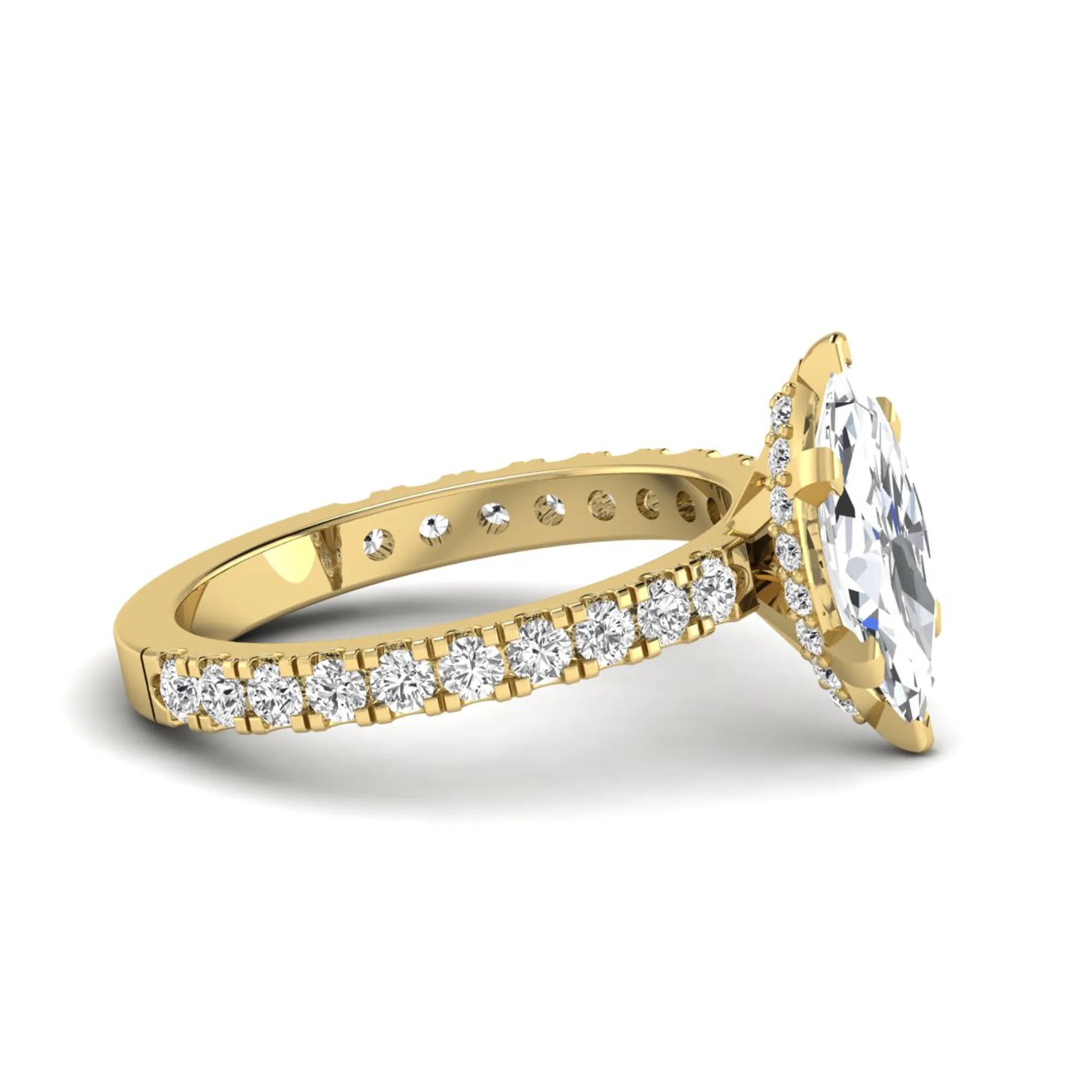 Marquise Hidden Halo Pavé Lab Grown Diamond Engagement Ring featuring a 12.00 × 6.00 mm marquise-cut center diamond with a hidden halo, pavé diamond band, and four-prong setting in yellow gold