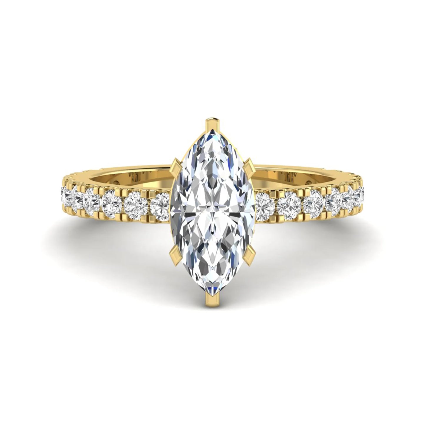 Marquise Hidden Halo Pavé Lab Grown Diamond Engagement Ring featuring a 12.00 × 6.00 mm marquise-cut center diamond with a hidden halo, pavé diamond band, and four-prong setting in yellow gold