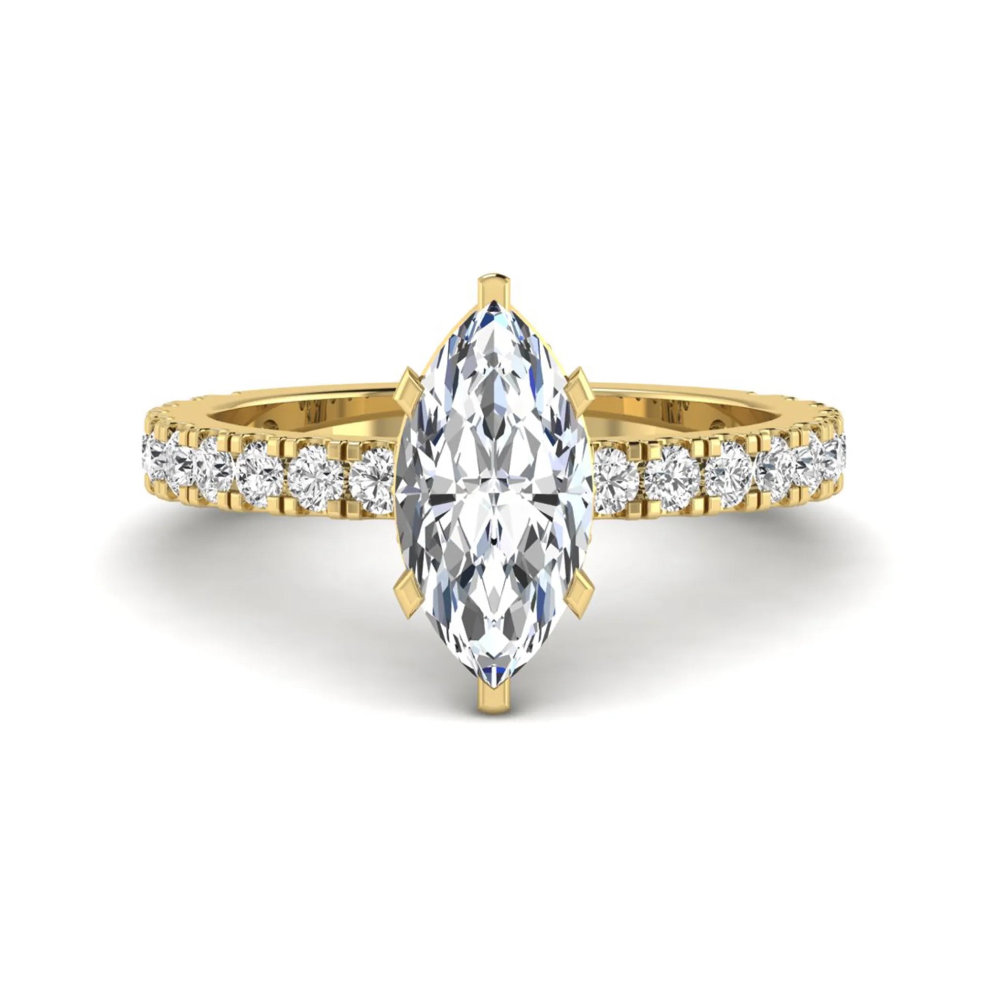 Marquise Hidden Halo Pavé Lab Grown Diamond Engagement Ring featuring a 12.00 × 6.00 mm marquise-cut center diamond with a hidden halo, pavé diamond band, and four-prong setting in yellow gold