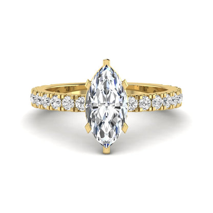 Marquise Hidden Halo Pavé Lab Grown Diamond Engagement Ring featuring a 12.00 × 6.00 mm marquise-cut center diamond with a hidden halo, pavé diamond band, and four-prong setting in yellow gold