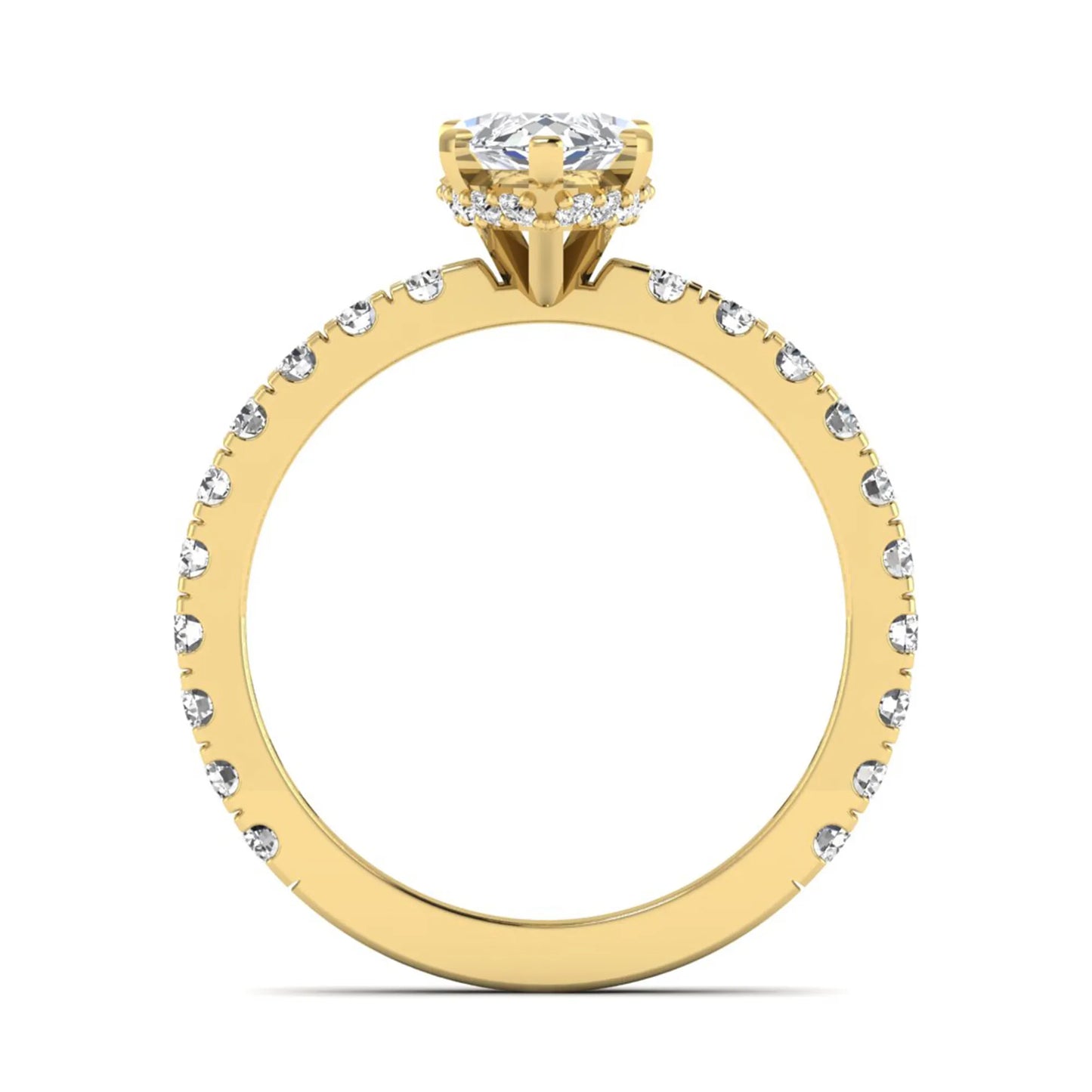 Marquise Hidden Halo Pavé Lab Grown Diamond Engagement Ring featuring a 12.00 × 6.00 mm marquise-cut center diamond with a hidden halo, pavé diamond band, and four-prong setting in yellow gold