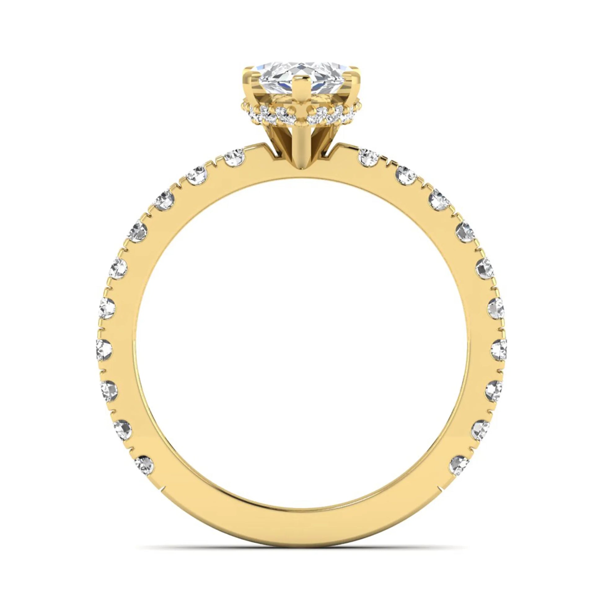 Marquise Hidden Halo Pavé Lab Grown Diamond Engagement Ring featuring a 12.00 × 6.00 mm marquise-cut center diamond with a hidden halo, pavé diamond band, and four-prong setting in yellow gold
