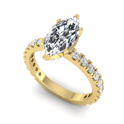 Marquise Hidden Halo Pavé Lab Grown Diamond Engagement Ring featuring a 12.00 × 6.00 mm marquise-cut center diamond with a hidden halo, pavé diamond band, and four-prong setting in yellow gold
