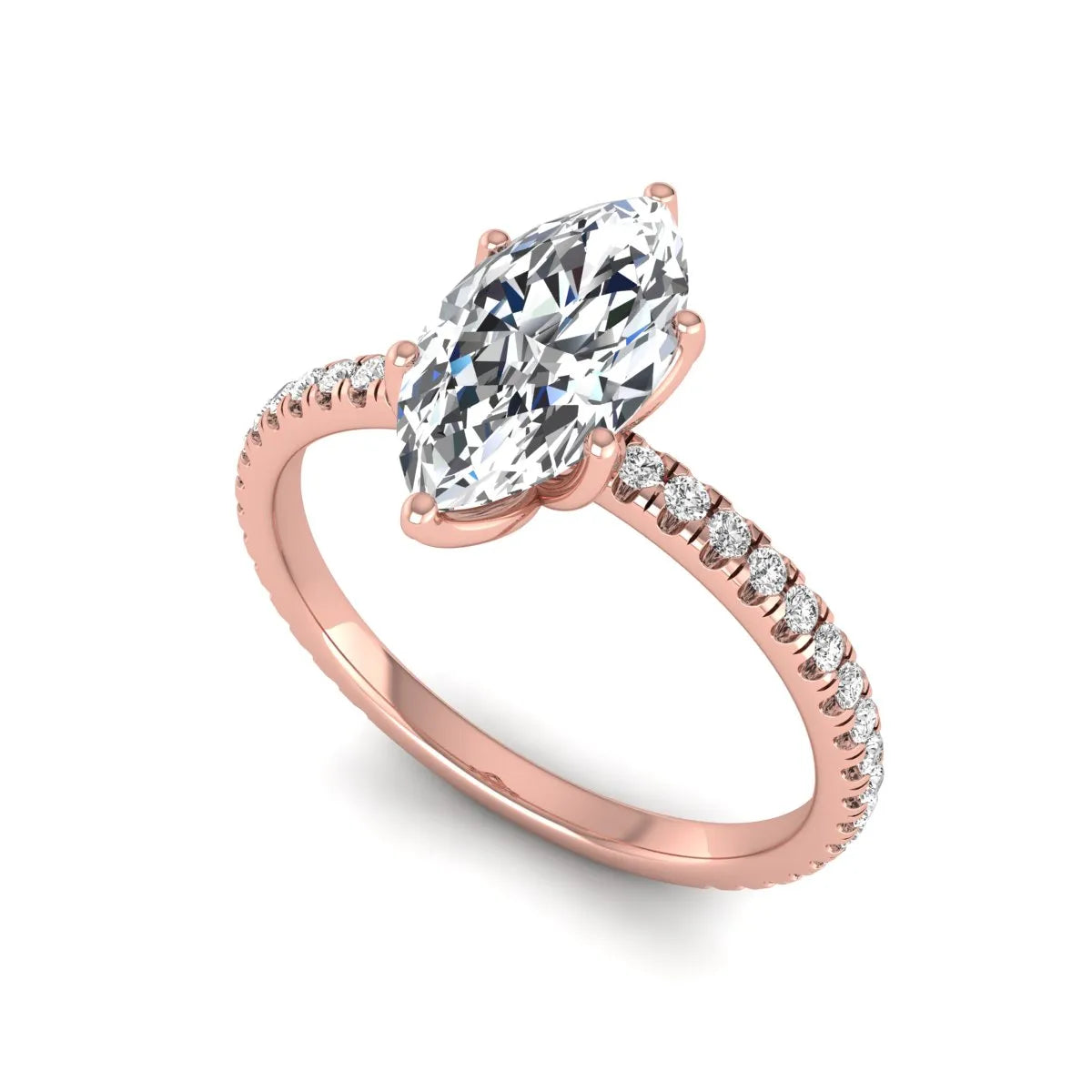 Marquise cut lab grown diamond engagement ring with an IGI certified center diamond and pavé round diamond band in rose gold.