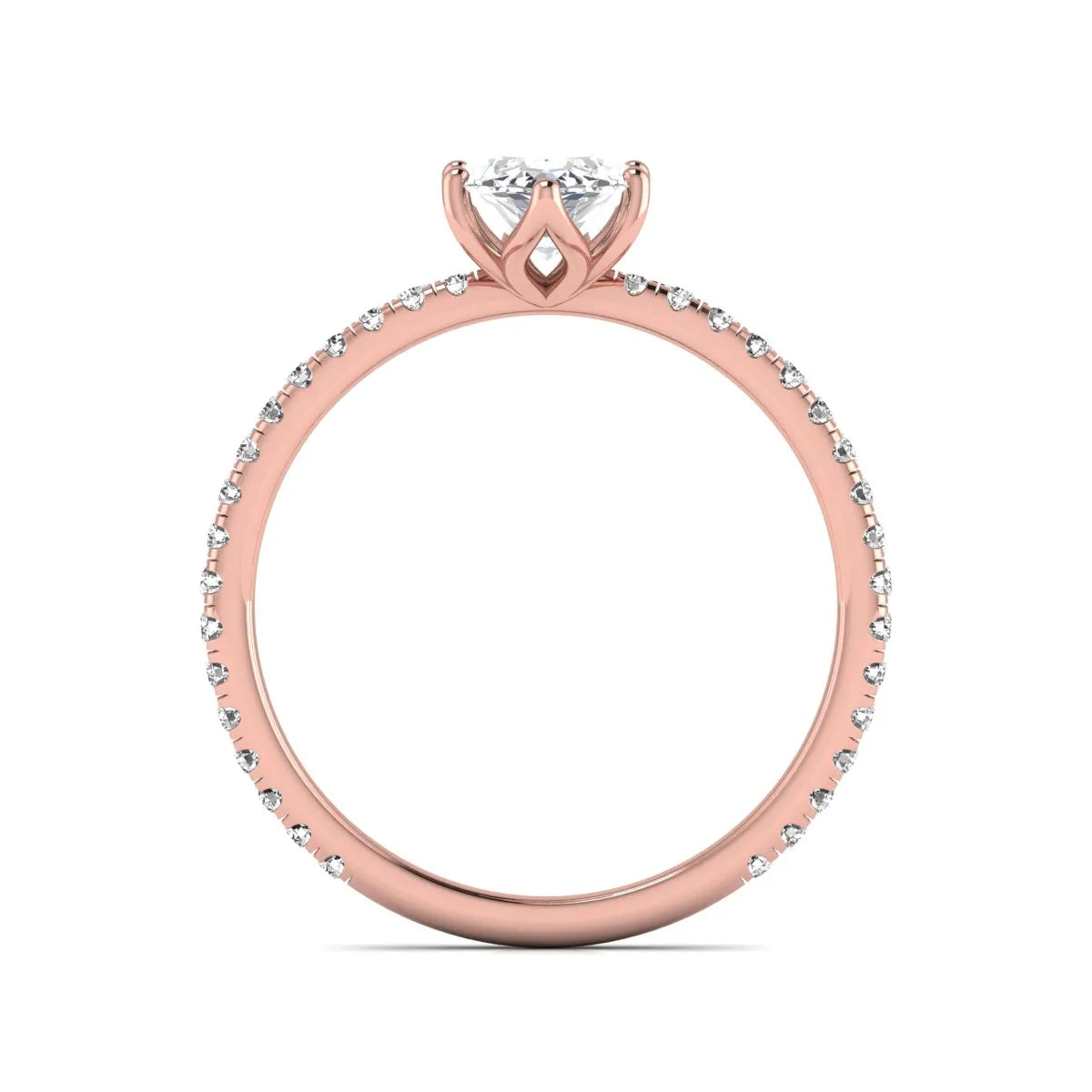 Marquise cut lab grown diamond engagement ring with an IGI certified center diamond and pavé round diamond band in rose gold.