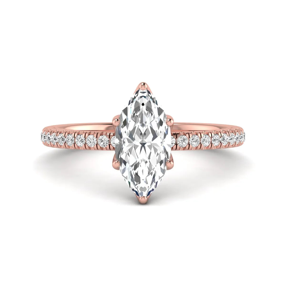 Marquise cut lab grown diamond engagement ring with an IGI certified center diamond and pavé round diamond band in rose gold.